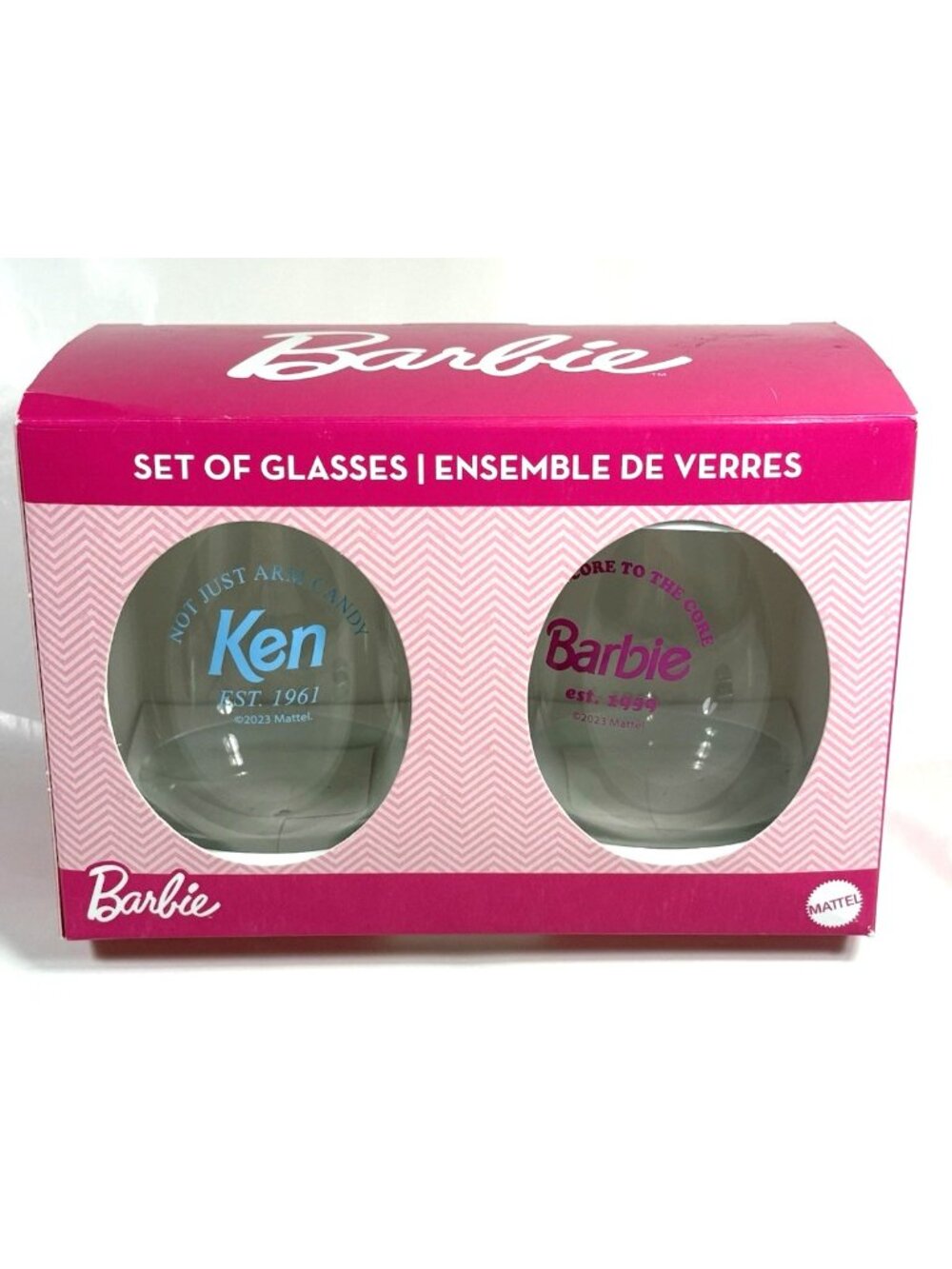 Barbie Ken Set of Stemless Wine Glasses Mattel 2023 Barbiecore Clear Glass